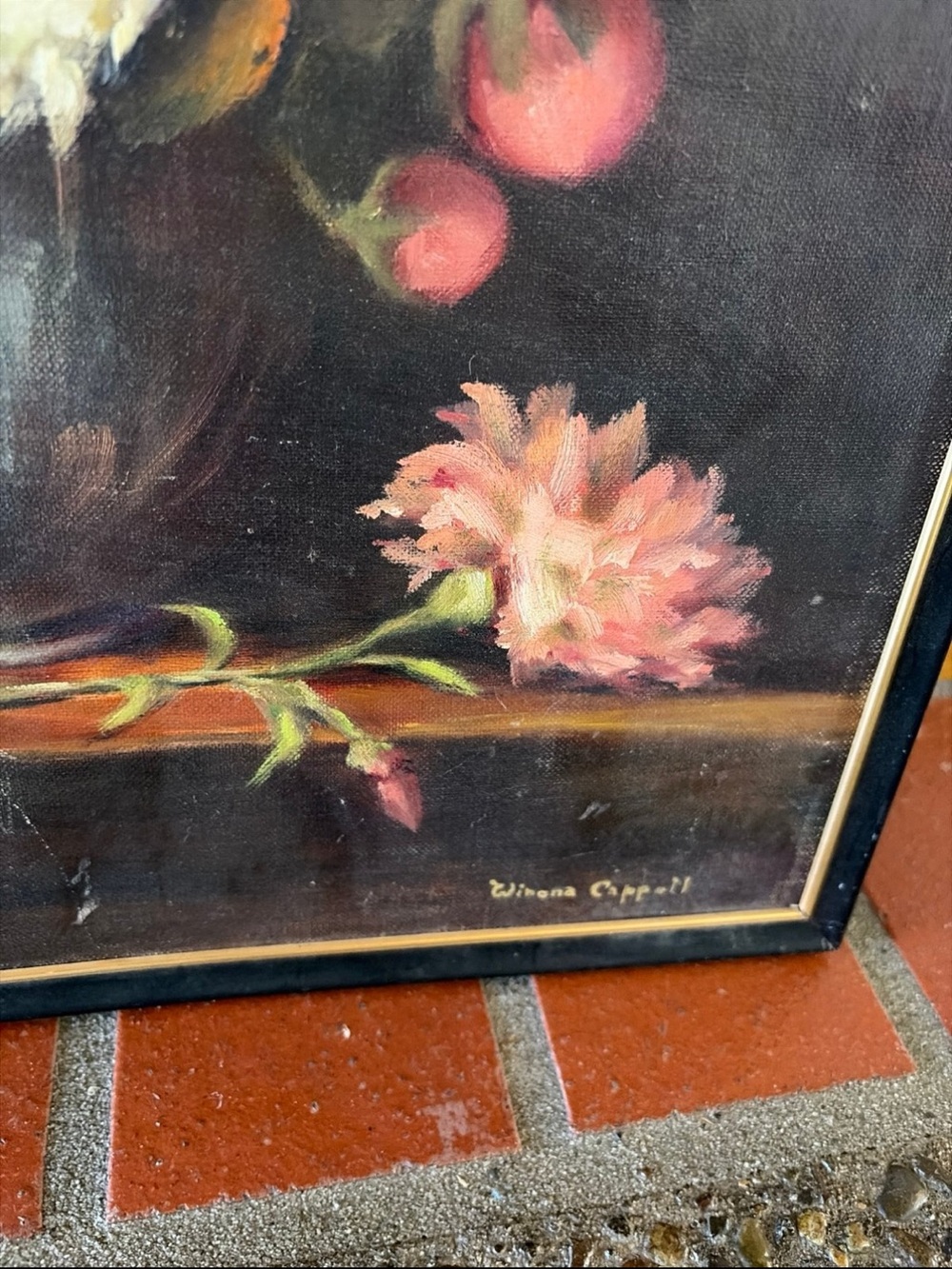 Vintage Floral Oil Painting in Black Frame - Red, White & Yellow Bouquet - Picture 3 of 6